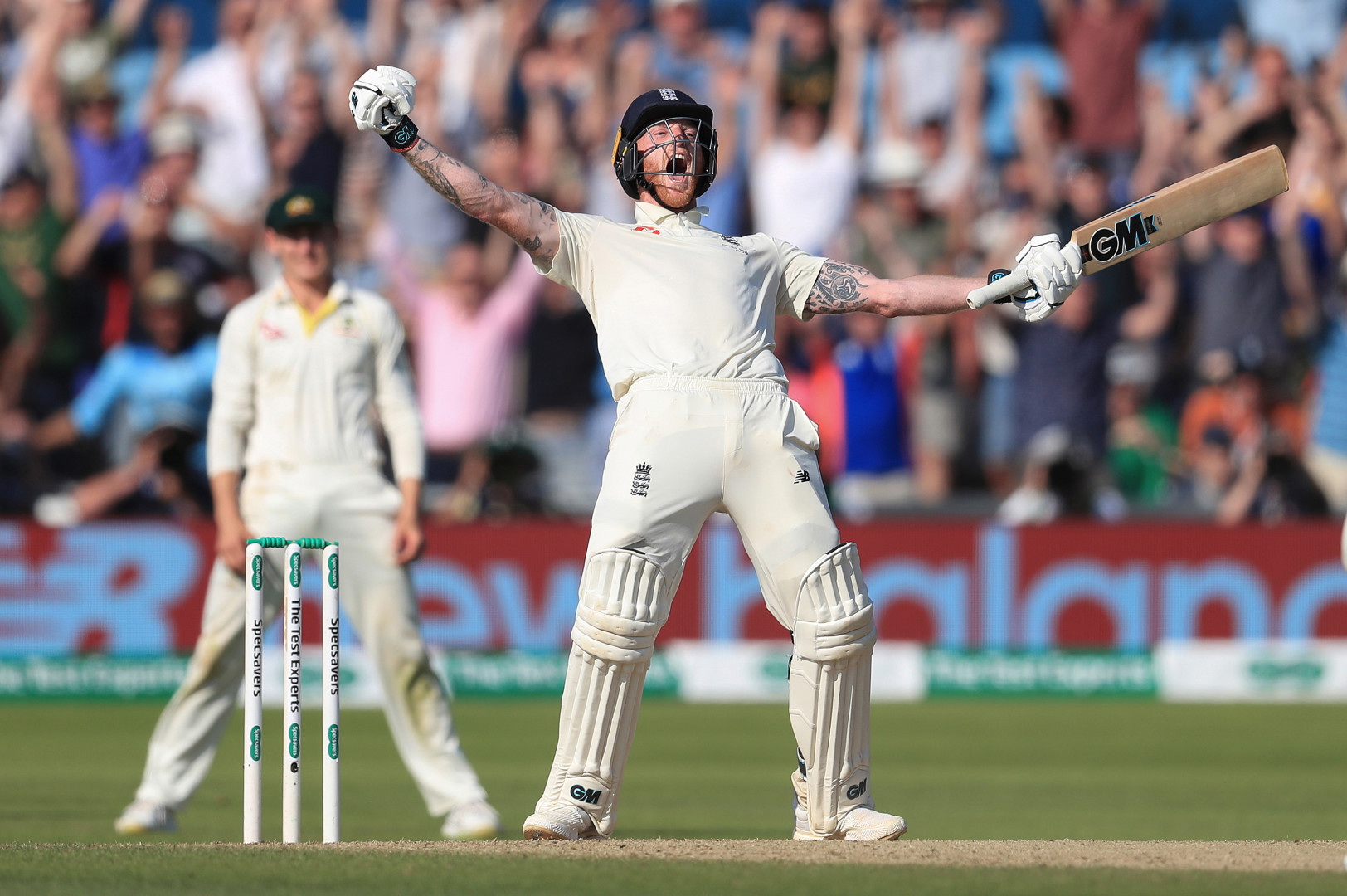 Ben Stokes celebrating a cricket match victory.