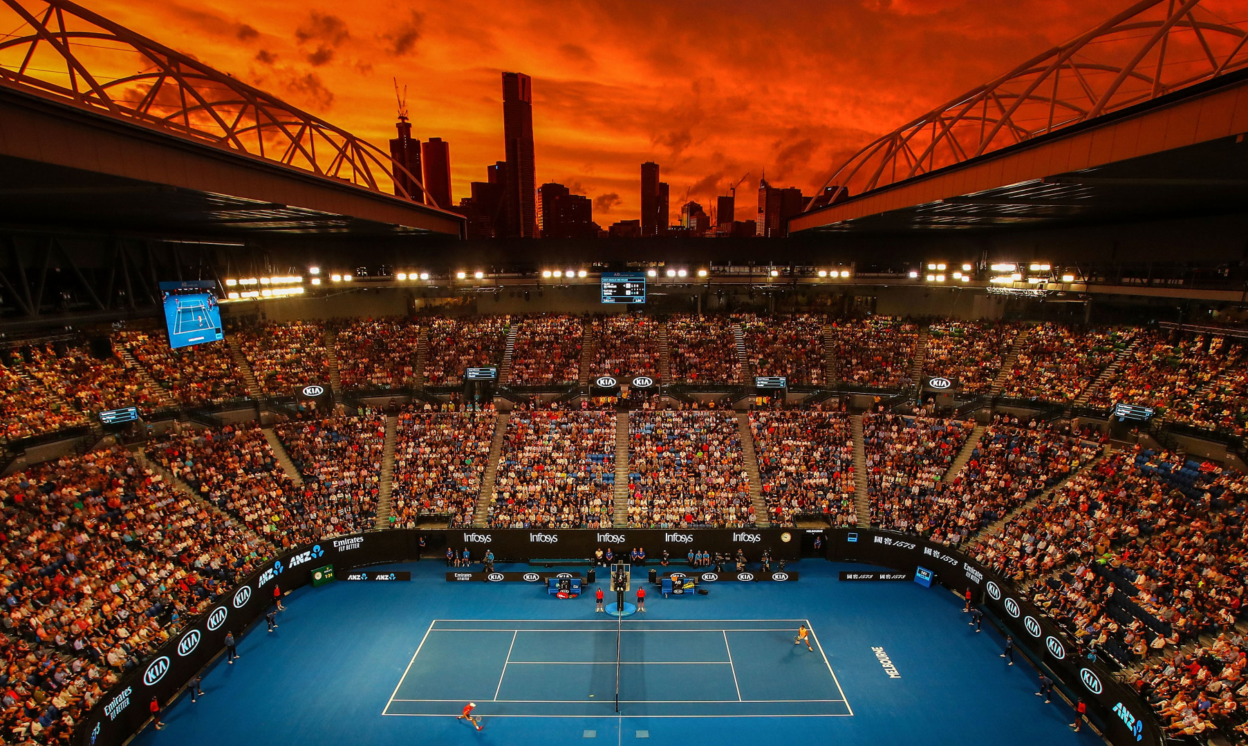 Sunset photograph of the court and venue at the Australian Open.