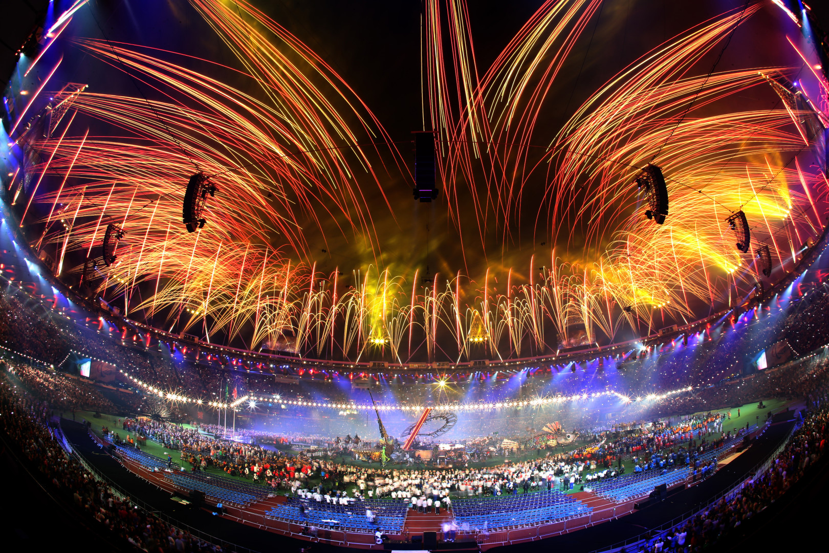 Fisheye photograph of the fireworks display during the closing ceremony of the London 2012 Olympics.