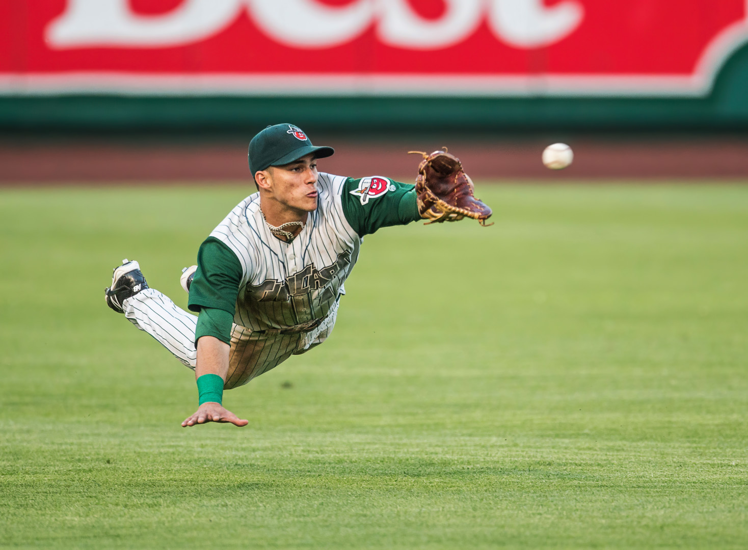 Outfielder diving to catch the baseball.