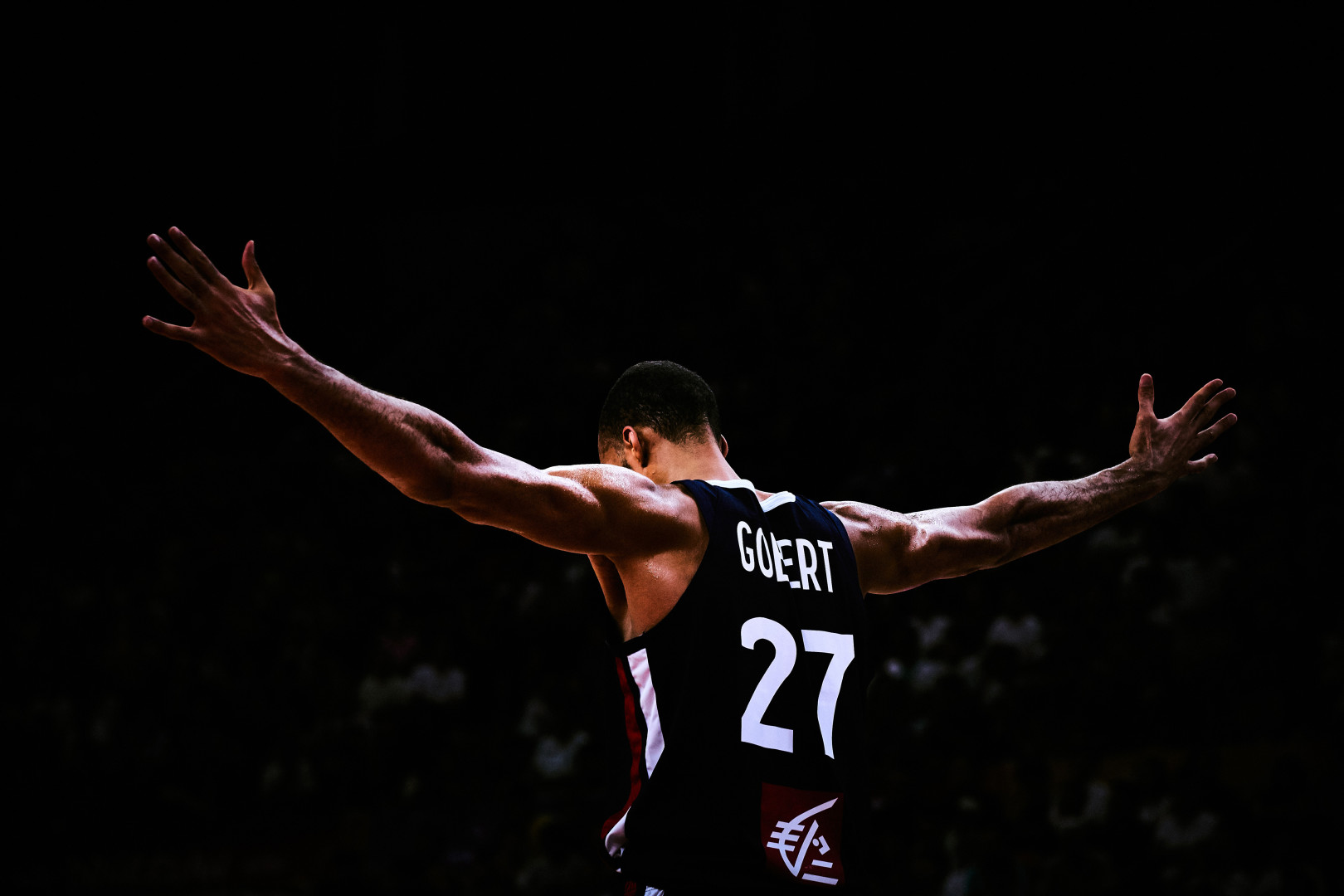 Rudy Gobert stood with his arms wide in spotlight.