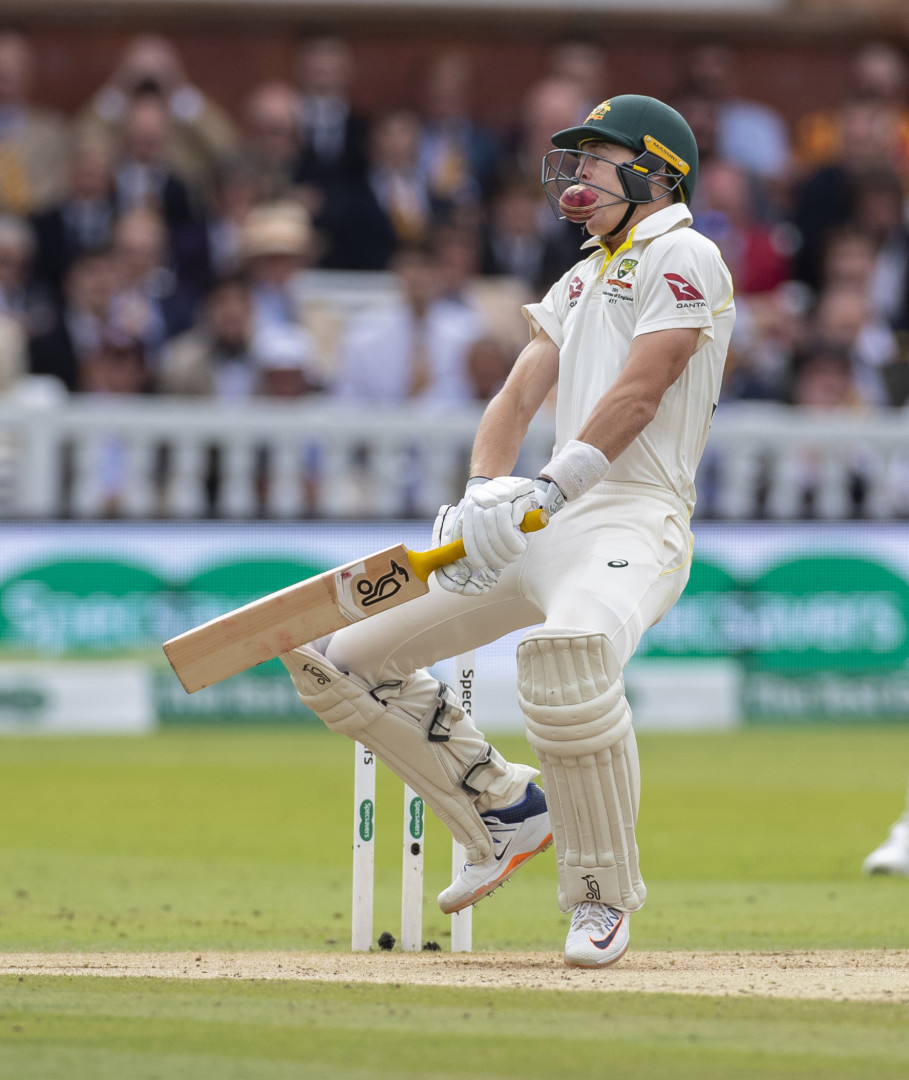 Cricket ball breaking through safety helmet and smashing Marnus Labuschagne in the mouth.