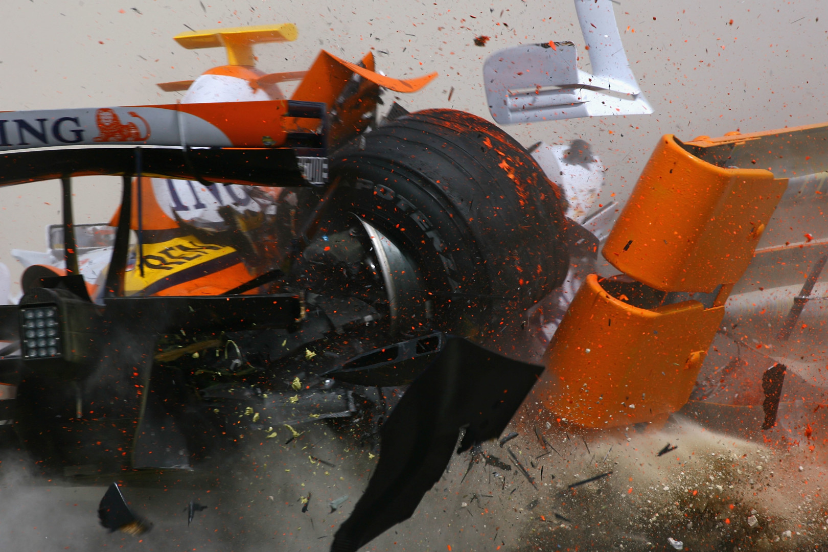 Close up photograph of Formula 1 car collision.