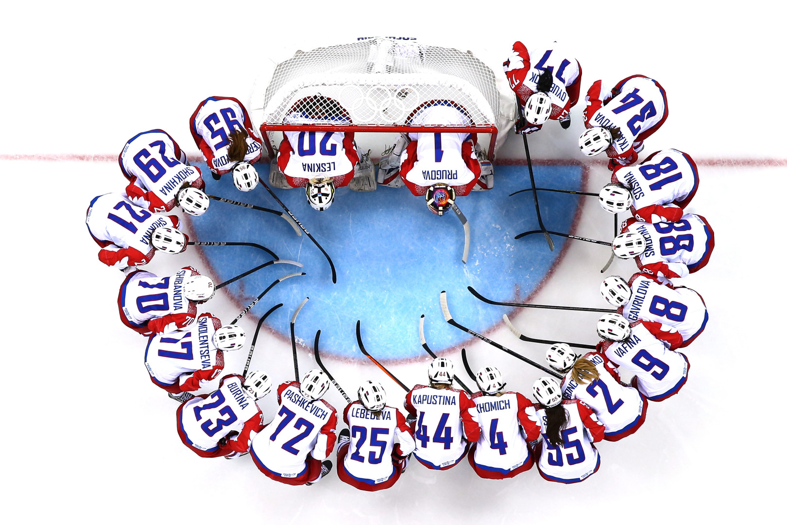 Ice Hockey team huddling in front of their goal for a pre-match team talk.