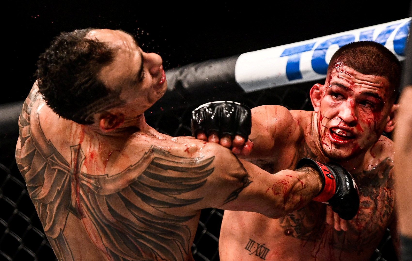 Anthony Pettis landing huge hit during UFC match whilst covered in blood.