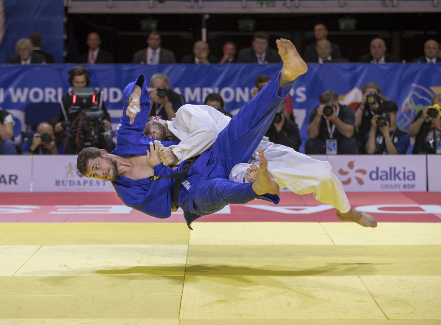 Two Judo competitors tussling mid air during match.