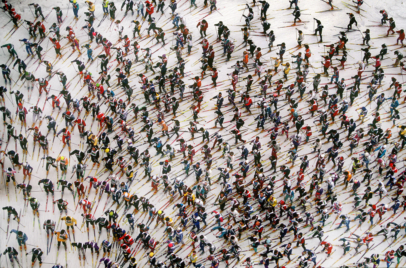 Swarm of marathon skiers during race.