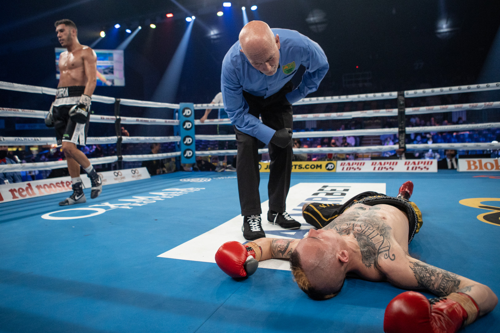 Boxer down on the ring floor as referee bends over him and counts.
