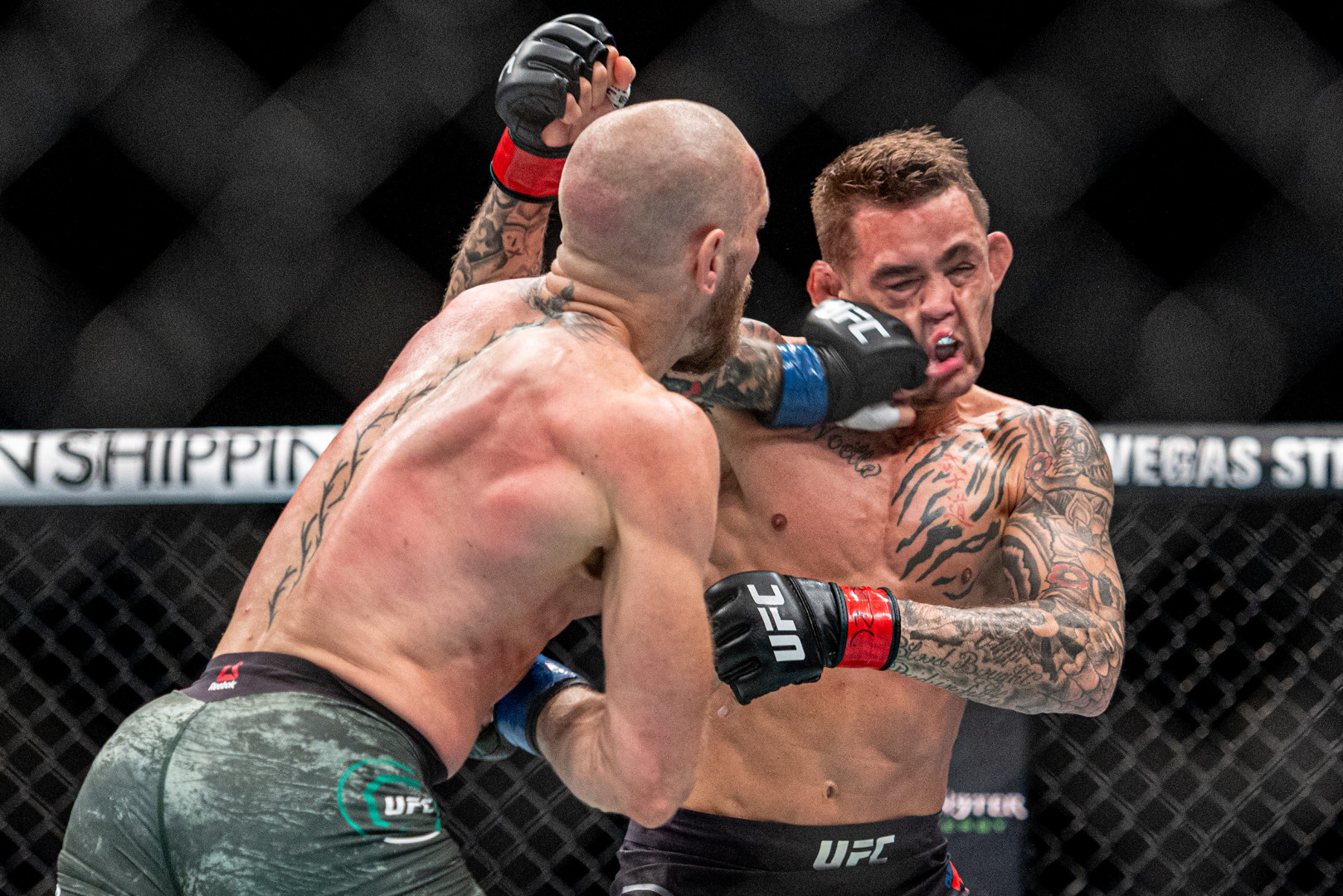 UFC fighters scrapping in the boxing ring.