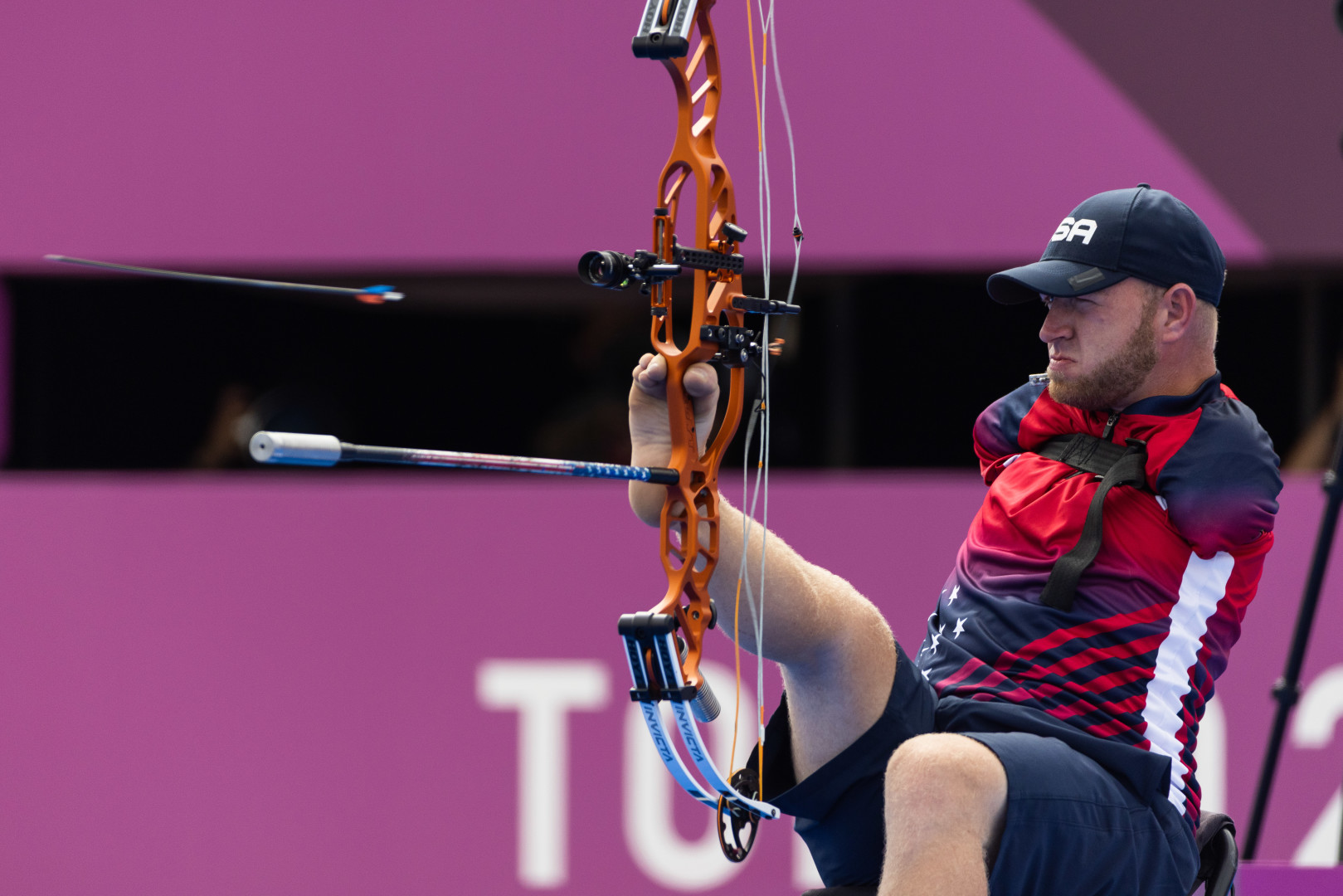 Matthew Stutzman firing a shot during his archery competition at the 2020 Tokyo Olympic games.