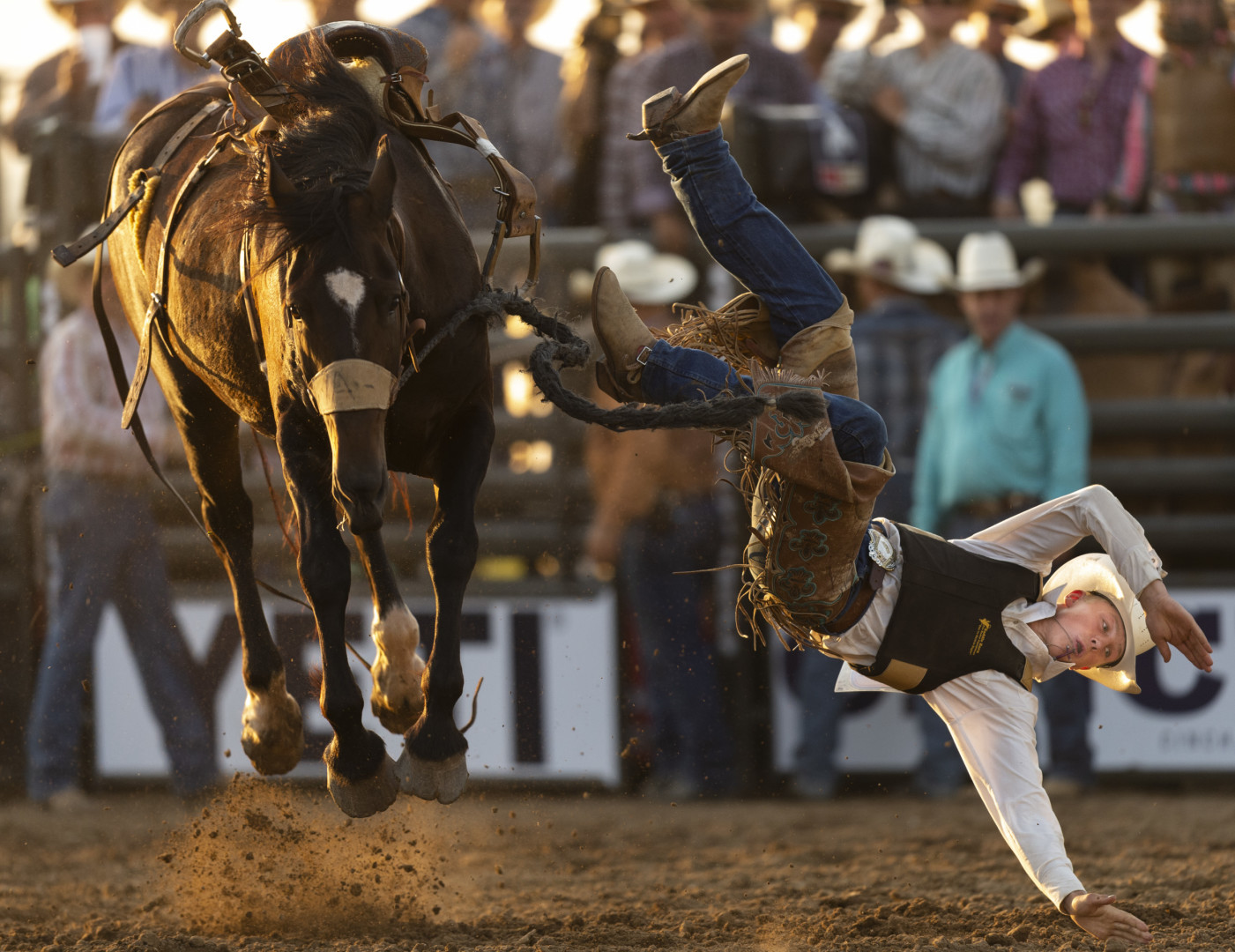 Western rider being flung from his horse in the ring.