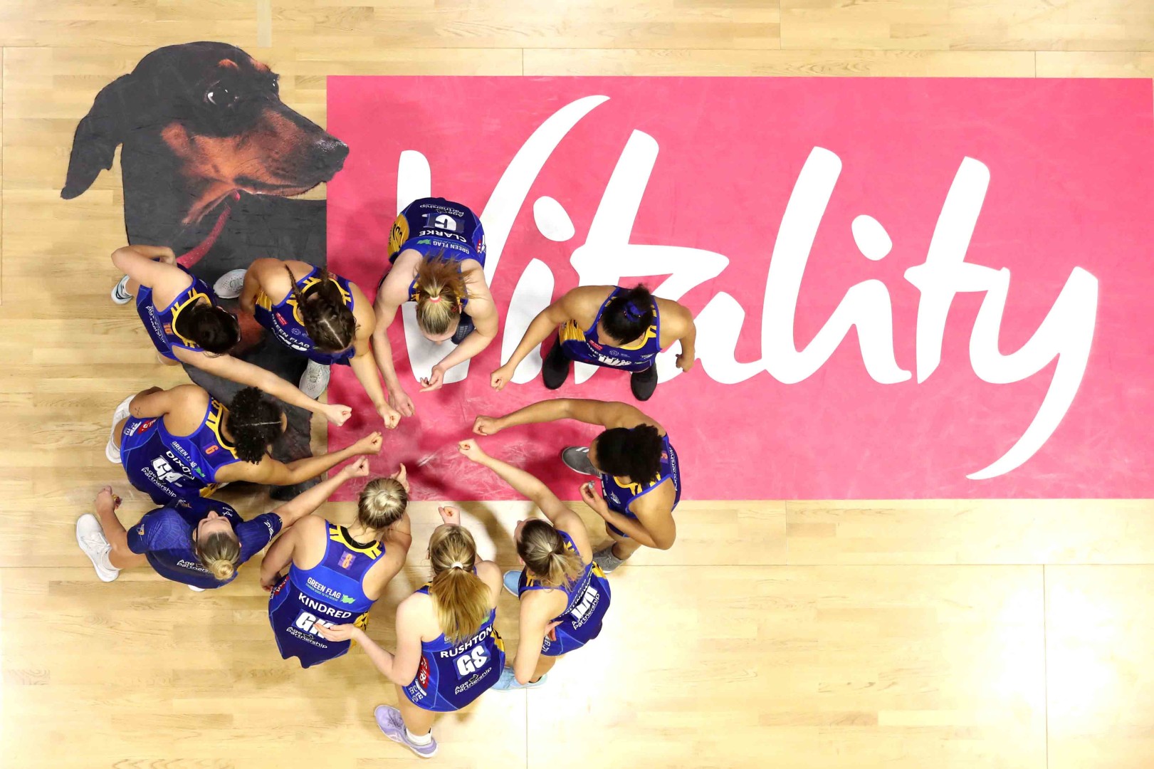 Birdseye view photograph of Leeds Rhinos Women's netball team in a huddle on the court as the Vitality branding sits on the floor underneath them.