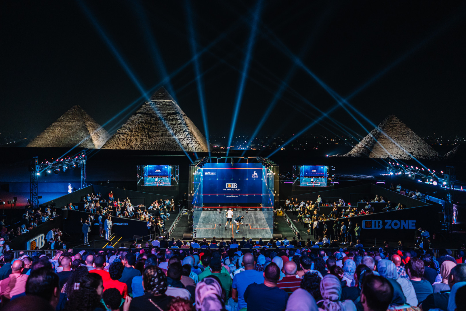 Pharaohs view of squash players playing a match at the 2021 Al Ahram Squash Tournament, Egypt.
