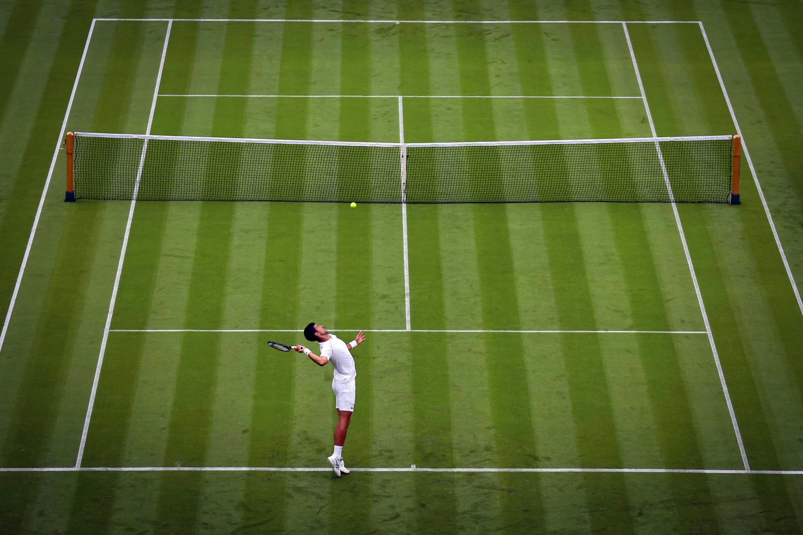 Novak Djokovic preparing to hit his serve on the Wimbledon tennis court.