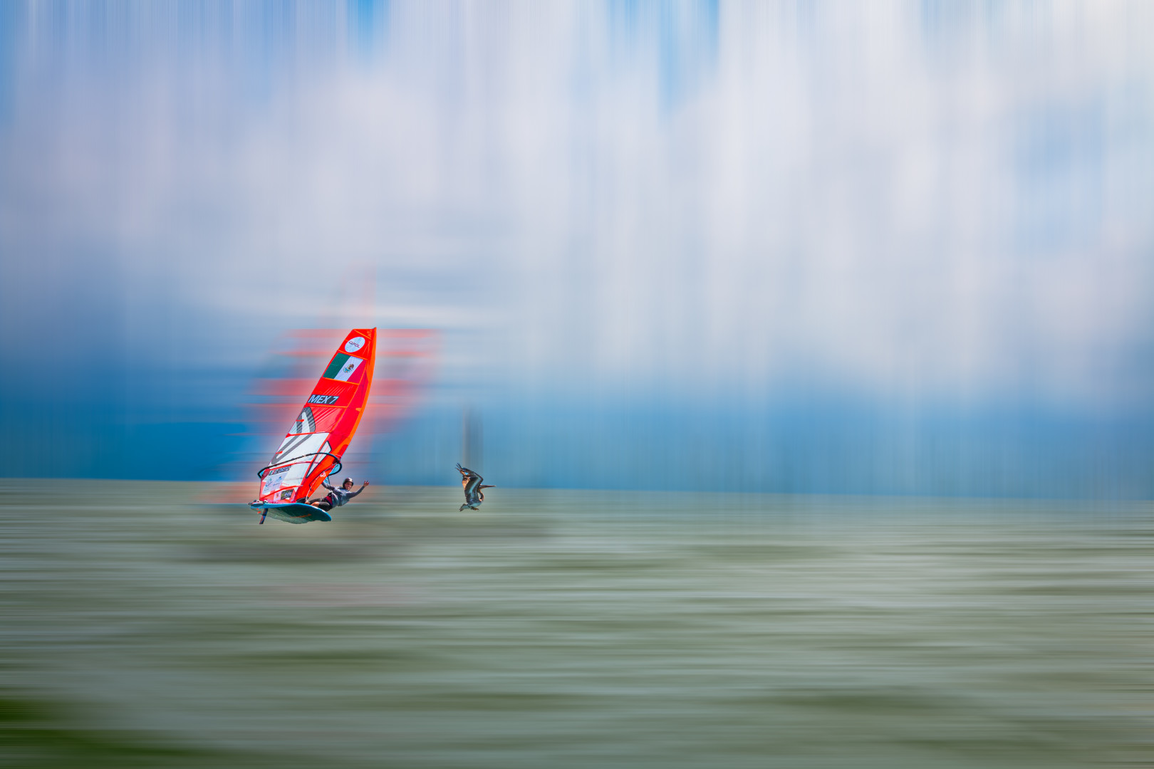 Adamski effect photograph of a wind surfer in the sea surfing alongside a Pelican.